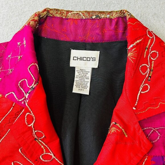 Chico's Patchwork Jacket Size 1 Silk Blend Boho Embroidered Button Front Lined - Picture 5 of 14